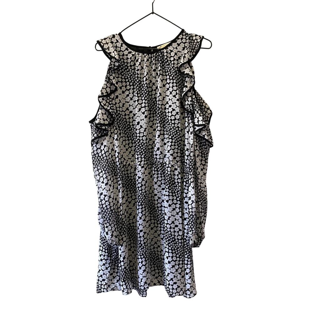 Michael Kors Women's L Blk White Floral Cold Shoulder Ruffle Long Sleeve Dress